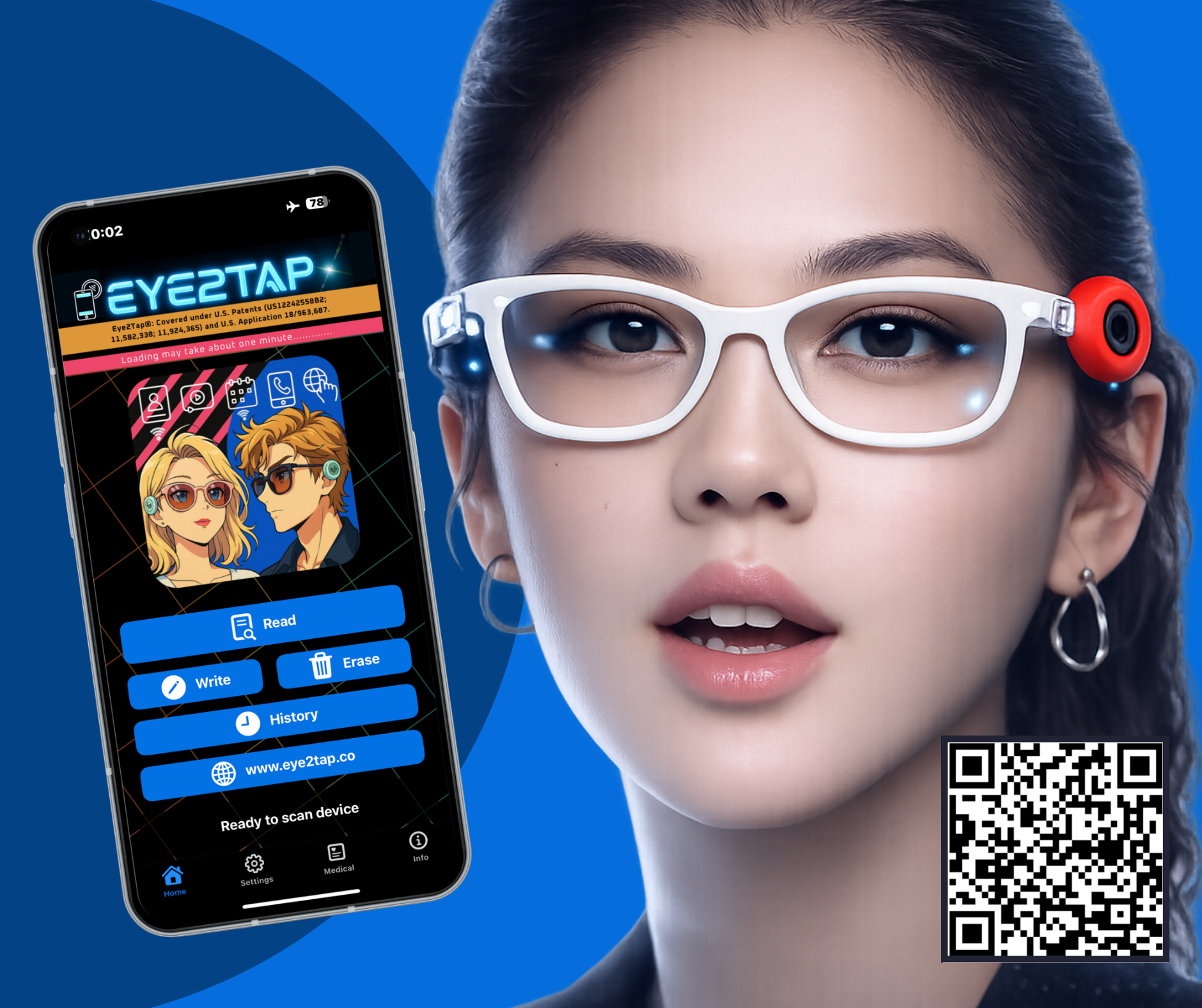 Eye2Tap in use - NFC-enabled glasses paired with the Eye2Tap companion app on a phone.