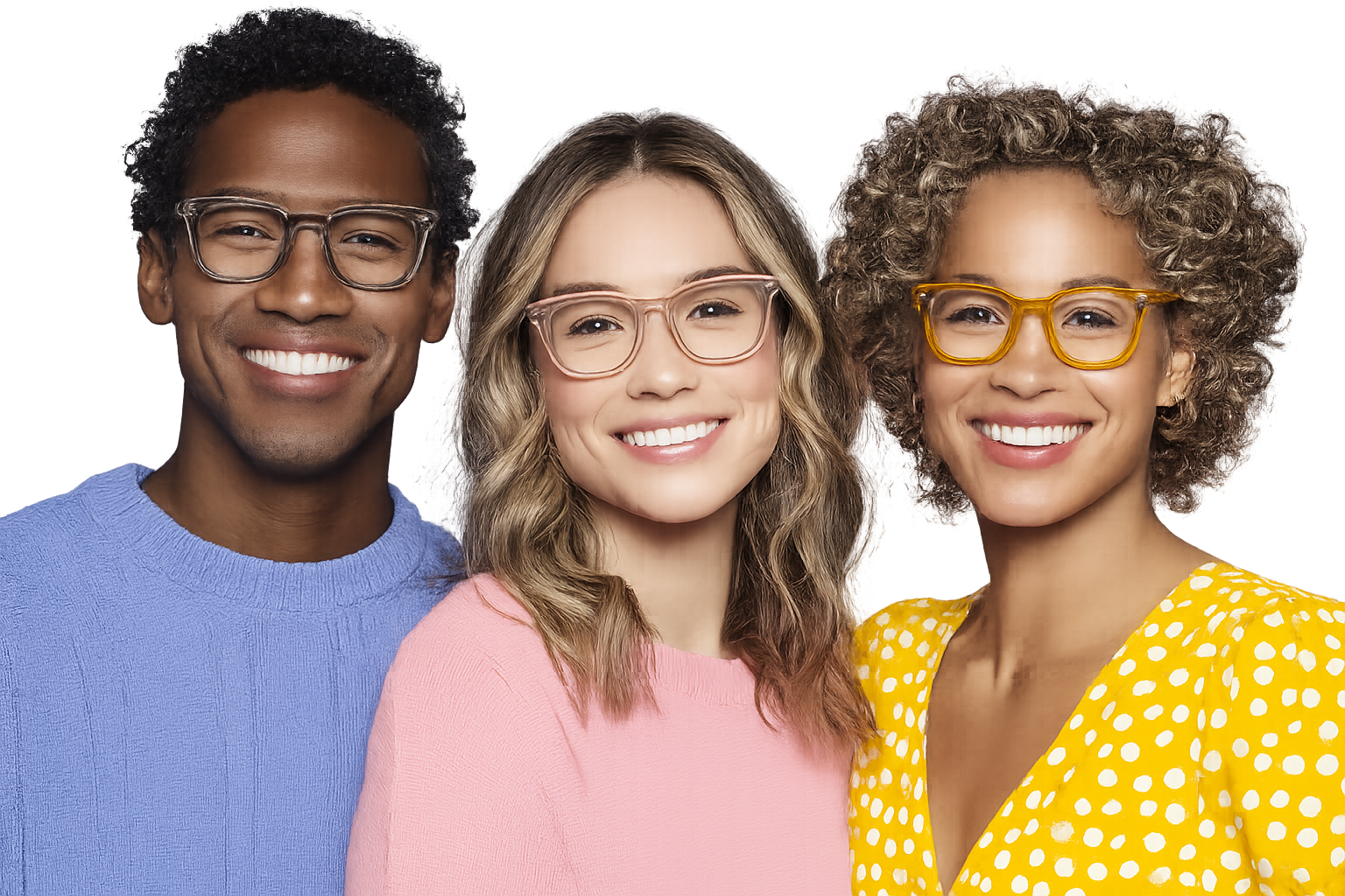 Three people - different ages, styles, and frame colors - smiling at the camera.